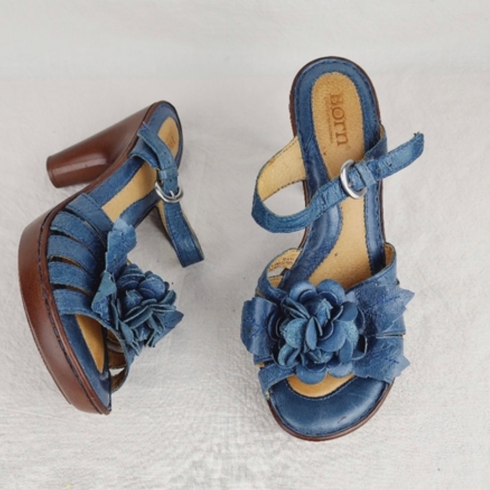Born Denim Blue Floral Leather Sandal Heel